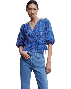 MANGO Zafi Blouse | Zappos.com Half Sleeve Blouse For Day Out, Trendy Fitted Half Sleeve Blouse, Trendy Half Sleeve Spring Blouse, Blue Trendy Top With 3/4 Sleeves, Summer Tops With Blouson 3/4 Sleeves, Summer Blouse With 3/4 Blouson Sleeves, Summer Blouse With Blouson Sleeves And 3/4 Sleeve, Mango Blouse, Boho Blouses