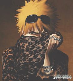 a woman with blonde hair and sunglasses covering her face while wearing leopard print shirt, bracelets and rings