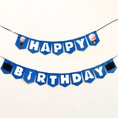 two blue happy birthday banners hanging from strings