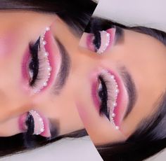 Soft Glam Valentine Makeup, Full Glam Pink Makeup, Valentine’s Day Make Up Looks Pink, Pink Makeup With Pearls, Rhinestone Eyeshadow Look, Birthday Makeup With Rhinestones, Birthday Pink Makeup, Pink Valentine’s Day Makeup