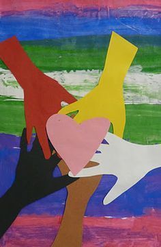 an abstract painting with different colors and shapes on it's surface, including two hands reaching for each other