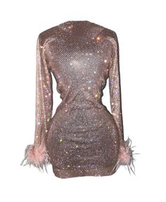 Rhinestone fishnet see through mini dress with feathers on sleeves.This is a one size dress. SIZE Length: 33,4” Sleeves:19,6” Mini Dress With Feathers, Luxury Stuff, Dress With Feathers, Rhinestone Fishnets, Cute Dress Outfits, Rhinestone Dress, Birthday Dresses, Dress First, Set Dress