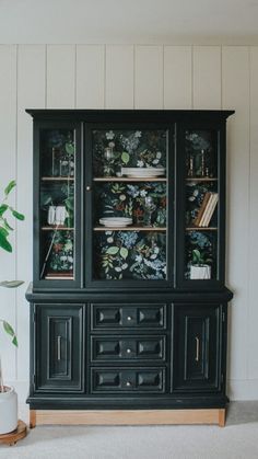 a black china cabinet with plants on it