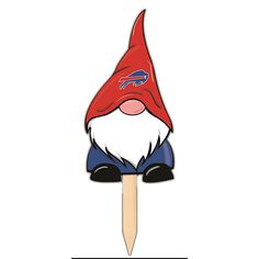 a red and blue gnome head on top of a toothpick with the buffalo bills logo