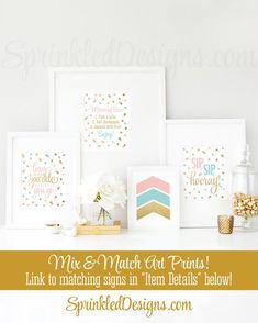 some cards and pictures on a shelf with text overlay that says make & match cut prints link to matching signs in them details below