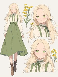 three different views of a blonde haired girl with long hair and green eyes wearing a dress