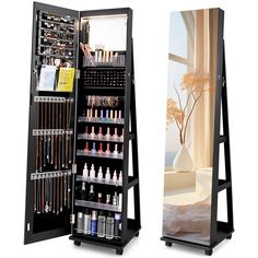 a large display case with many items in it and an easel next to it