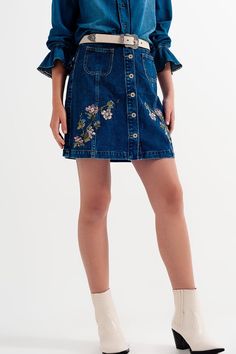 Q2 Skirts Denim Skirt with Flower Embroidery and Front Buttons Button Down Denim Skirt, Denim Button Skirt, Blue Denim Shirt, Types Of Jeans, How To Hem Pants, High Rise Mom Jeans, Online Fashion Boutique, Blue China, Flower Embroidery