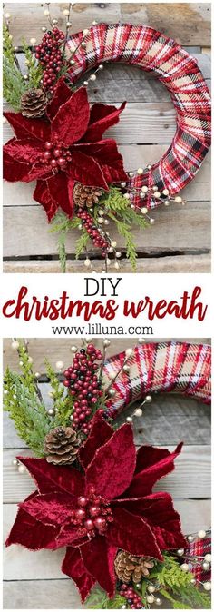 two christmas wreaths with poinsettia and pine cones on them, one is red