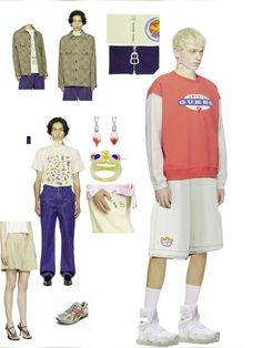 men's and women's clothing from the 80s to the present, including an oversize jacket, t - shirt, shorts, sneakers, socks, and shoes