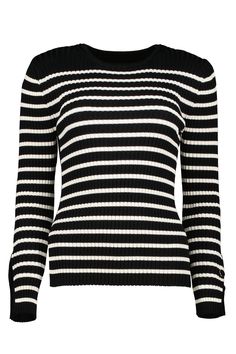 K4DSW2577-BLACKAthenee Stripe Sweater-100% Polyester-Crew neck-Functional buttons at the sleeve hemFIT-True to size, bodycon -Model is 5'8", wearing size S Chic Black Sweater With Button Cuffs, Black Buttoned Crew Neck Sweater, Black Crew Neck Sweater With Buttons, Black Fitted Button Sweater, Black Tops With Button Cuffs For Winter, Fitted Sweater With Buttons, Fitted Black Top With Button Cuffs, Striped Sweaters, Maxi Jumpsuit