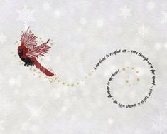 a red bird flying through the air with snow flakes on it's back