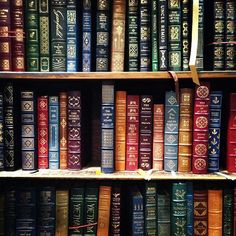 several rows of books on a shelf in a library