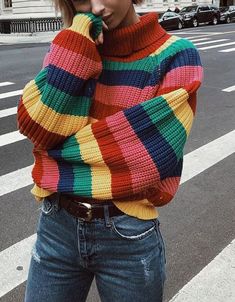 Rainbow Sweater, Style Goals, Pullover Outfit, Stripe Outfits, Striped Turtleneck, Oversized Pullover, Moda Vintage, Knit Outfit, Winter Knits