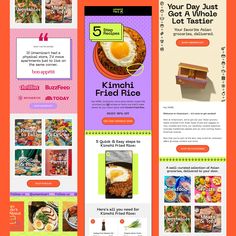 an orange and pink website design with food items on the front, side and back