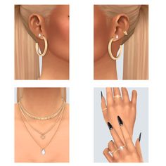 four different views of the same woman's ear and hand with jewelry on it