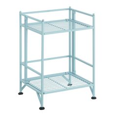 a blue metal shelf with wheels on it