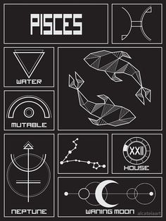 some type of black and white poster with different symbols