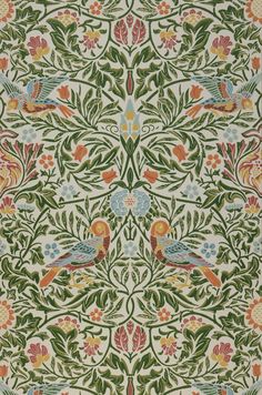 an intricately designed wallpaper with birds and flowers in green, pink, yellow and blue