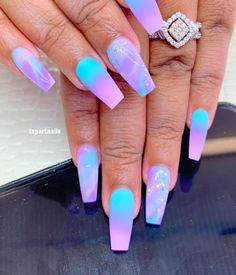 Hombre Pink Purple Nails, Pastel Nail Colors Summer, Bright Elegant Nails, Colorful Ombre Acrylic Nails, Pink Purple Blue Ombre Nails, Pink Blue And Purple Nails Art Designs, Summer Ombre Nails Coffin, June Acrylic Nail Designs, Baby Blue And Purple Nails