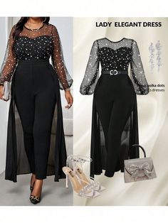 the lady elegant dress is black with white polka dots on it and has sheer sleeves