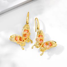 Ross-Simons - Italian Pink, Orange Enamel Butterfly Drop Earrings Over Sterling. Fluttery and fancy-free, these lovely butterfly drop earrings show off a striking mix of pink and orange enamel in textured and polished 18kt yellow gold over sterling silver. Hanging length is 2". Made in Italy. Earwire, enamel butterfly drop earrings. Elegant Spring Butterfly Jewelry, Spring Gold Jewelry With Butterfly Charm, Butterfly Shaped Earrings For Summer Gifts, Elegant Spring Jewelry With Butterfly Charm, Summer Butterfly Jewelry Gift, Summer Butterfly Charm Earrings, Pink Butterfly Earrings For Summer, Pink Butterfly Jewelry For Summer, Elegant Summer Jewelry With Butterfly Charm