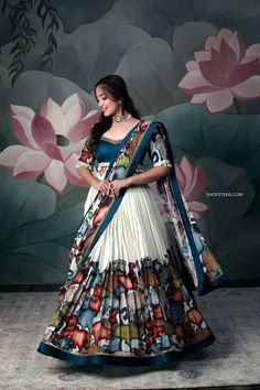 Simple Half Saree Designs South Indian, Half Saree Designs South Indian, Neck Hand Work, Printed Lahenga, Beautiful Lehenga, Kalamkari Print, Long Frock Designs, Choli Dress