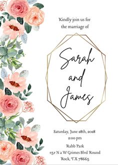 a wedding card with pink flowers and greenery