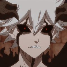 an anime character with white hair and red eyes looking at the camera while standing in front of other characters