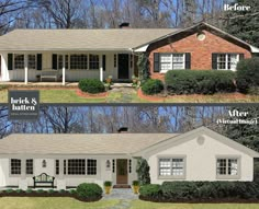 before and after pictures of a brick ranch house with white trim, windows, and shutters