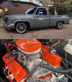 an orange and silver truck parked in front of a brown building next to another photo