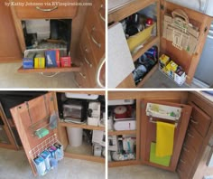 three pictures of the inside of a kitchen cabinet with various items in it and on the bottom shelf