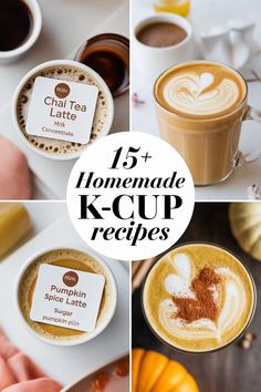 coffees, pumpkin spice latte and hot chocolate are featured in this collage