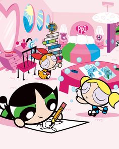 the powerpuff girls cartoon characters are doing crafts in their bedroom, and one girl is drawing