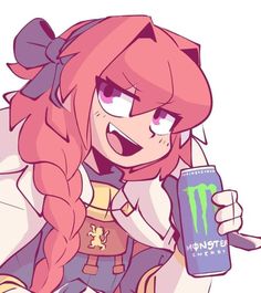 an anime character with long hair holding a monster energy drink in one hand and looking at the camera