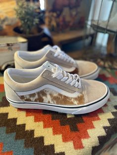 We have had so much fun putting these Old Skool Vans together with the added cowhide. You choose the color shoe + color cowhide!! Custom made just for you!!  Wear them with everything! Durable suede and canvas uppers. Cute Western Shoes Women, Western Converse Shoes, Country Shoes Women, Cowhide Boots Outfit, Western Tennis Shoes, Cute Western Shoes, Western Vans, Nfr Rodeo, Cowgirl Shoes