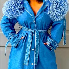 Loragal. Denim, Faux Fur, Trench Coat. Us Size: Xl Sleeve Length: 25” P2p: 18” Total Length: 53” Features: Removable Faux Fur Collar Side Pockets 4-Metal Button Front Closure Embellished Straps On Shoulders And Wrists Belted Waist Fabric: 74% Cotton, 16% Viscose, 10% Polyester Mongolian Faux Fur Fur Trench Coat, Denim Maxi, Black Women Fashion, Faux Fur Collar, Denim Coat, Fur Collar, Fox Fur, Fur Trim, Maxi Dresses