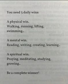 an open book with the words you need 3 daily wins, a physical win, walking, running, lifting, swimming