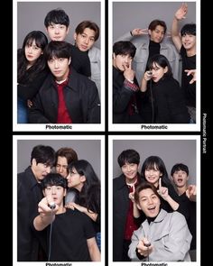 four different pictures of people posing together for a photo booth with the words phonomatia, phonomatia, phonomatia, phonomatia and phonomatia