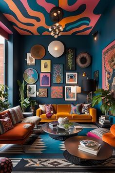 a living room filled with lots of colorful furniture