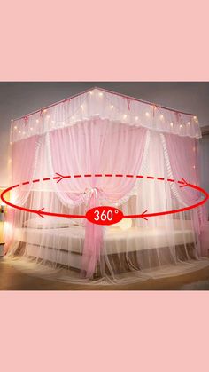 a pink canopy bed with white curtains and lights on the top, in front of a red sign that reads 360