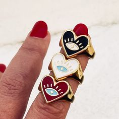 Chunky Ring Heart Shape With Evil Eye, Love Ring, Woman Ring, Chunky Gold Ring, Thick Heart Ring, Adjust Ring, Stack Ring, Gift For Her Details A slightly adjustable chunky heart ring in gold color with black, red or white enamel heart with evil eye. A perfect ring to wear all day with all your outfits. Please select a style from drop down menu. ✦Material: made of 24k gold plated pewter. Nickel free, lead free. ✦Diameter: 17mm/0.67'' ✦Dimension: 21.2x15.7mm ✦Size: adjust between 6 to 7 US ✦Sligh Ring Heart Shape, Accessory Inspo, Woman Ring, Ring Heart, Chunky Ring, Stack Ring, Evil Eye Ring, Ring Stack, Chunky Rings