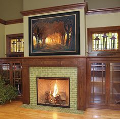 a living room with a fire place in it