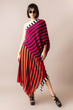 Orange, pink, black, white colorblock sack dress with stripe digital print. - Aza Fashions Chic Multicolor Vertical Stripes Dress, Sack Dress, Multicolor Dress, Dress For Women, Dress Pattern, Orange Pink, Aza Fashion, Shoulder Sleeve, Pink Black