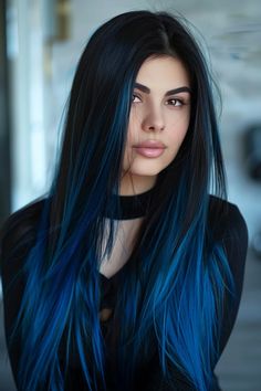 38 Gorgeous Blue Highlights Hairstyles To Transform Your Look Long Black And Blue Hair, Black And Blue Hair Ideas, Blue And Black Hair Ideas, Dark Blue Ombre Hair, Royal Blue Hair, Fantasy Hair Color