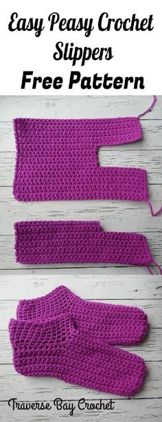 the easy crochet slippers pattern is shown in three different sizes and colors