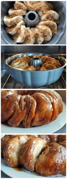 four different pictures of baked goods in pans and on plates, with the same one being cooked