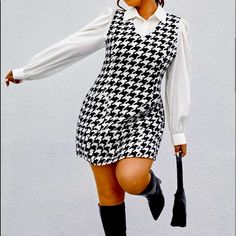 Size 1x ( 16 ) Women’s Houndstooth Black & White Pattern Dress Tank Top Style (Will Need Your Own Long Sleeve Shirt Underneath) Brand New !! Thick Heavy Quality Material Searches: Quilted Flannel Corduroy Blanket Fall Spring Skirt Maxi Casual Business Stripe Zig Zag Design Sweater Boujie Bougie Luxury Designer Style Fashion Trendy Beret Paris Italy Christmas Vacation Classy Warm Cozy Checkered Plaid Checker Vintage Brunch Birthday Holiday Work Party Outfit Gingham Fashion, Plus Size Bodycon Dresses, Plus Size Bodycon, Houndstooth Dress, Soft Dress, Shein Dresses, Dress Cover, Blouse Dress, Outfits Casuales