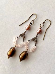 Blush Pink Quartz Pearl Dangle Earrings With Bronze Chocolate Freshwater Pearls - Etsy Affordable Brown Dangling Bead Earrings, Paper Jewellery, Quartz Pink, Pearl Dangle Earrings, Pink Mauve, Rose Necklace, Earring Tutorial, Long Dangle Earrings, Paper Jewelry