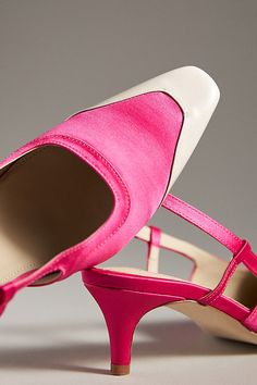 Satin upper Leather insole Neolite sole Slip-on styling Imported | Anita Satin Slingback Heels by Custommade in Pink, Women's, Size: 40, Leather/Satin at Anthropologie Pink Slingback Pumps With Padded Low Heel, Pink Low Heel Slingback Pumps With Padded Heel, Pink Leather Evening Kitten Heels, Pink Leather Kitten Heels For Evening, Pink Leather Slingback Pumps With Padded Heel, Chic Fitted Slingback Pumps With Leather Sole, Spring Evening Slingback Pumps With Leather Sole, Fitted Slingback Pumps With Ankle Strap And Leather Sole, Fitted Leather Sole Slingback Pumps For Evening